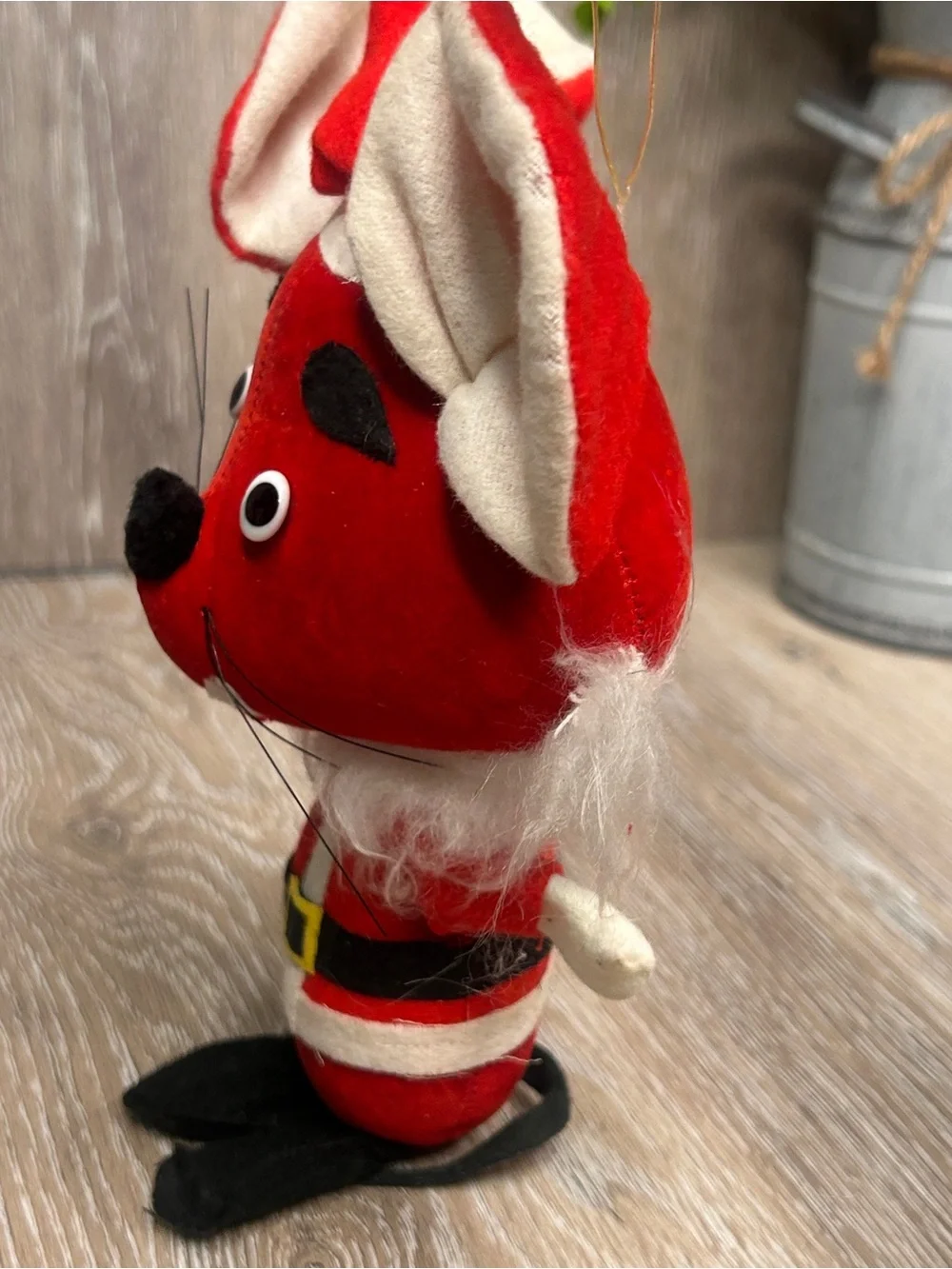 Vintage Red Felt Christmas Mouse Ornament Plush Santa Suit Retro 8”